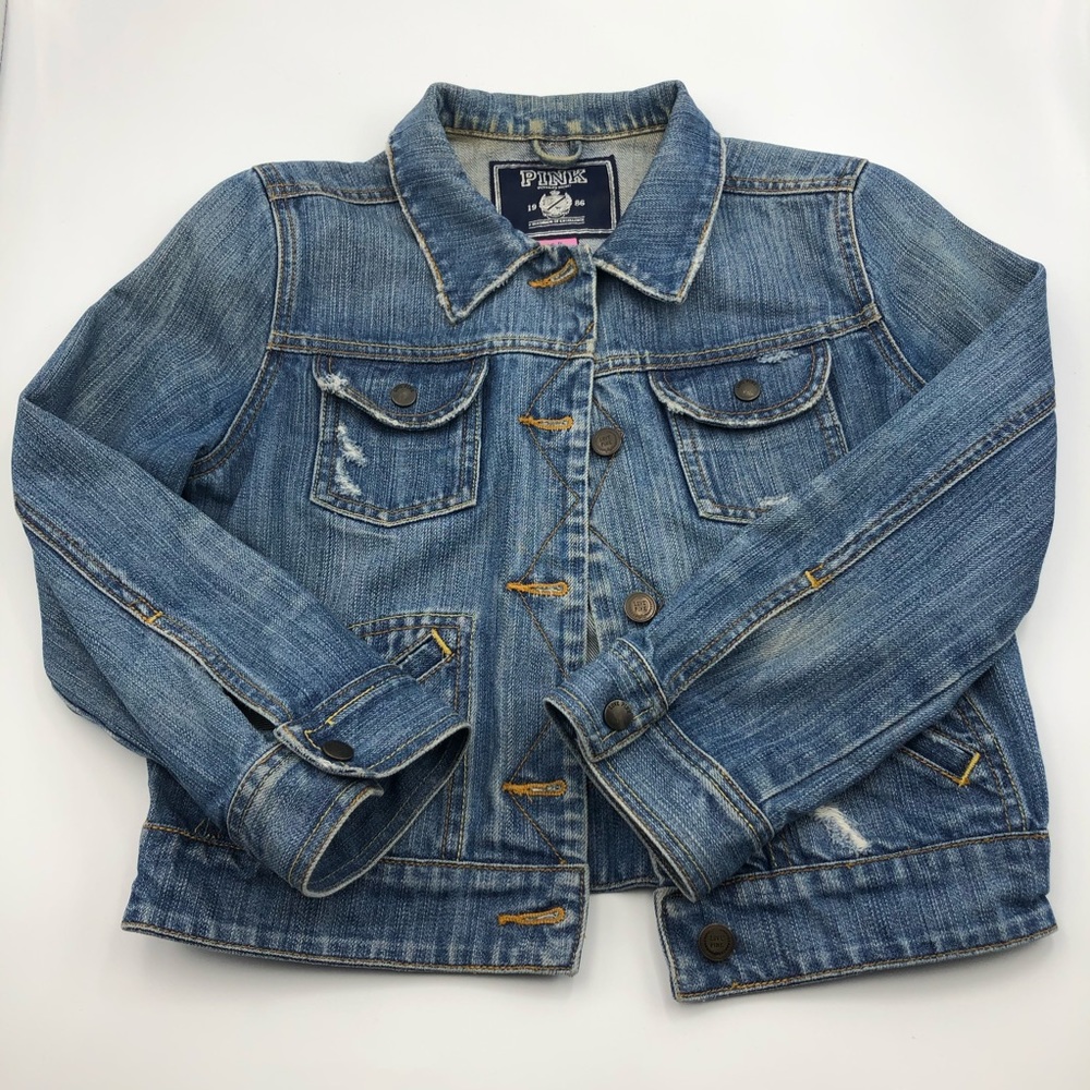 PINK Victoria’s Secret cropped jean jacket Size Small intentional distressing - Picture 2 of 13